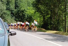 Peloton Tour de France opouští Lourdes po lesní silnici, červenec 1990